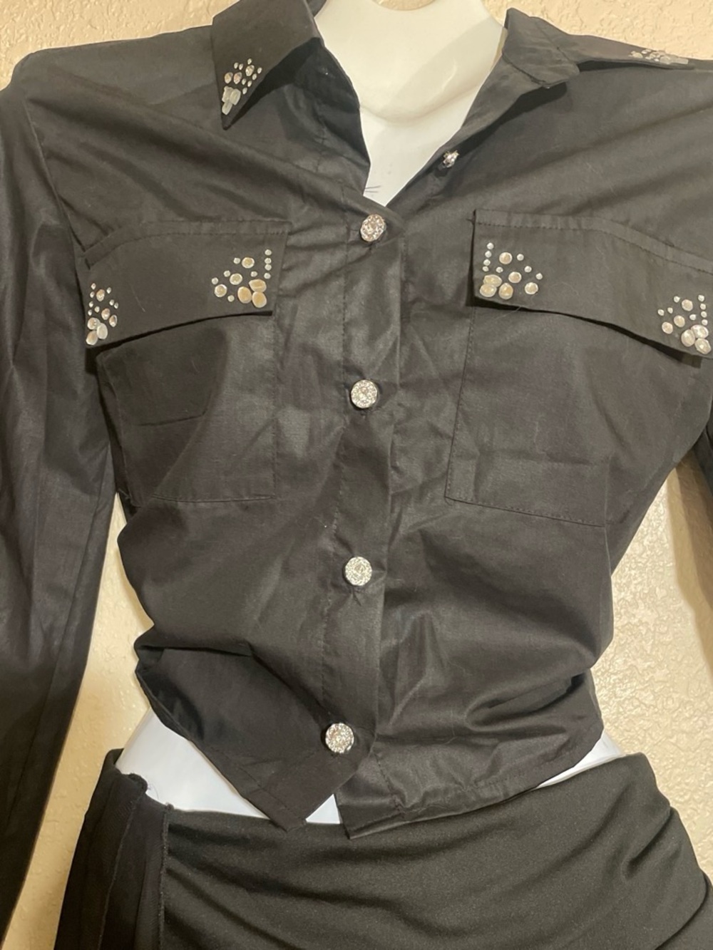 Black Rhinestone Accent Button-Down Shirt